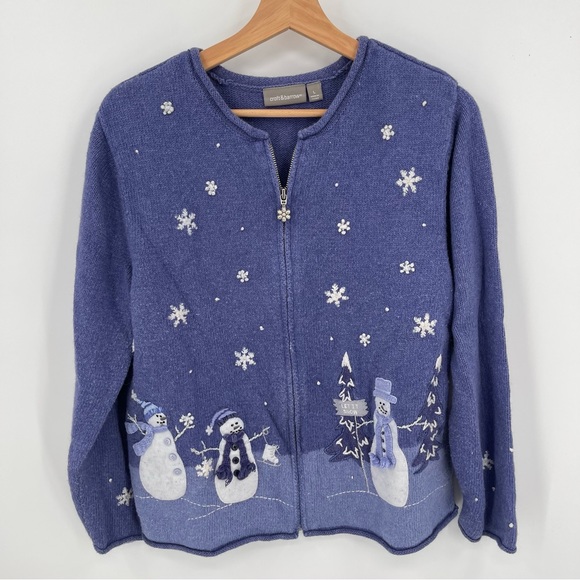 croft & barrow Sweaters - Croft & Barrow Full Zip Winter Snowmen Flakes Cardigan Sweater Blue Size Large